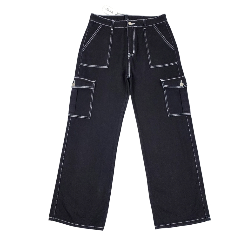 Cider Happy Hour Cargo Jeans Wide Leg Black Denim Contrast Stitch Size XL